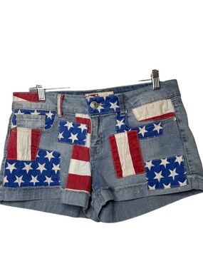LEI Low Rise American Flag Patchwork Denim Shorts Y2K Festival USA Size 11